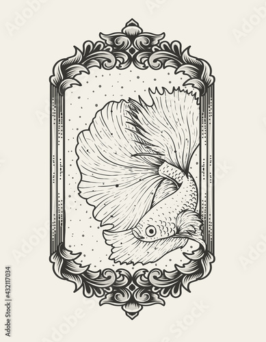 illustration vector monochrome betta fish with antique aquarium ornament