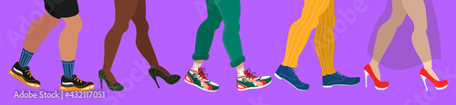 Legs of people. Trendy background with stylish walking legs. Men's and women's legs with bright clothes, shoes and colorful socks. Flat style. Banner, website design. Vector illustration.