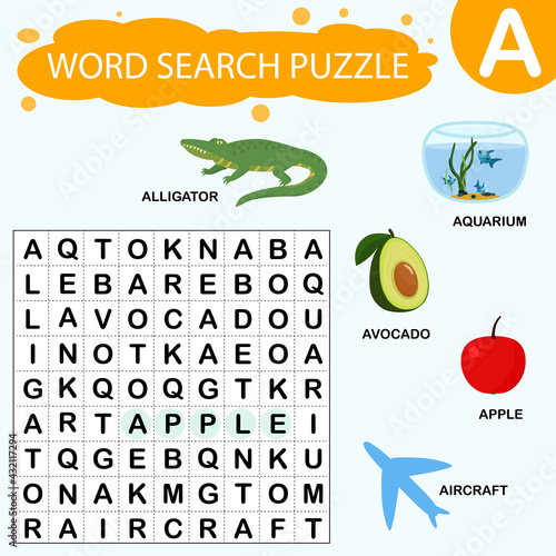 Vector educational game for kids. A puzzle for finding words starting with the letter A