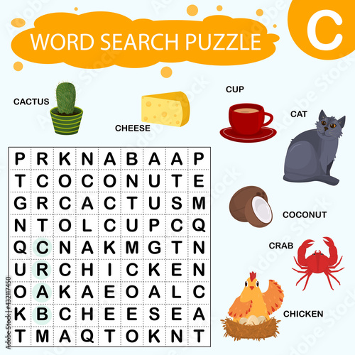 Vector educational game for kids. A puzzle for finding words starting with the letter C