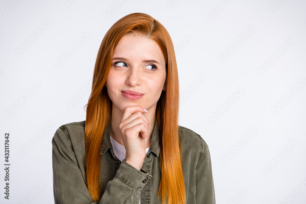 Photo of young charming sweet lovely thoughtful minded girl look copyspace thinking isolated on grey color background Photo of young charming sweet lovely thoughtful minded girl look copyspace thinking isolated on grey color background