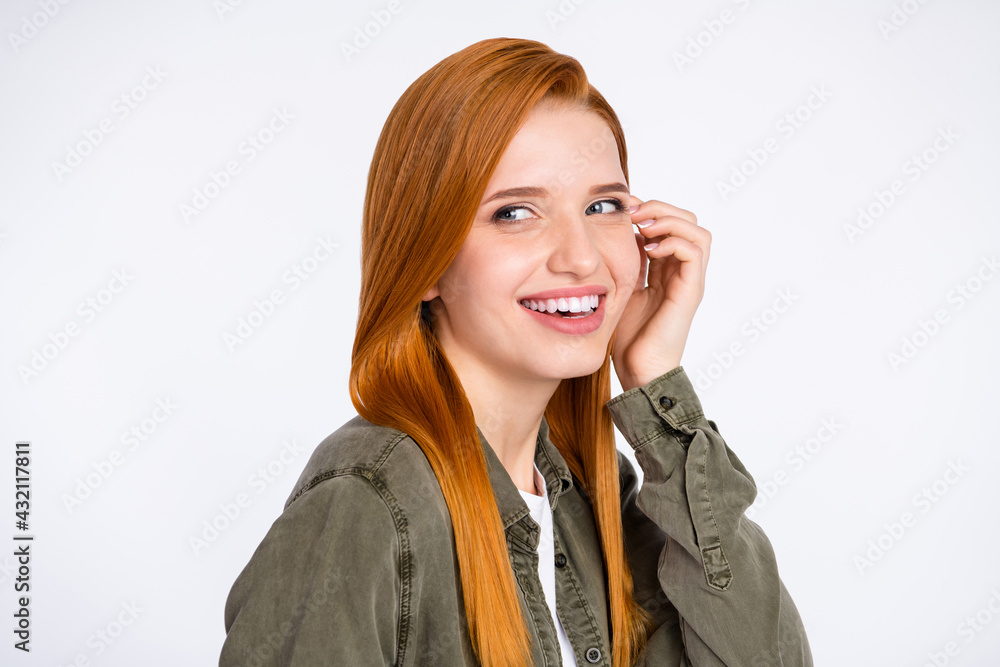 Profile side view portrait of attractive cheerful girl enjoying thinking isolated over gray pastel color background Profile side view portrait of attractive cheerful girl enjoying thinking isolated over gray pastel color background
