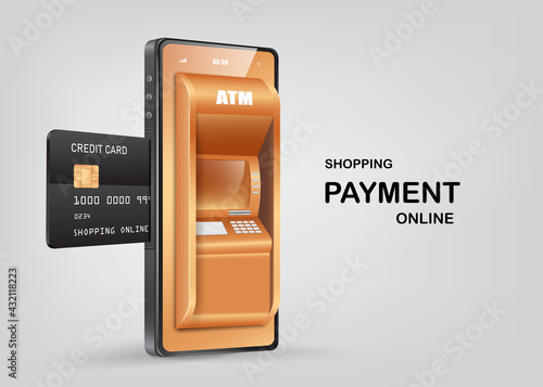 The credit card is inserted into the slot of the ATM machine,shopping for payment online and financial concept design,pay via smartphone application,vector 3d isolated