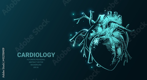 Futuristic illustration with anatomic heart sketch, healthcare and medicine cardiology concept sign on dark background. Vector digital art,  technology, connection structure.