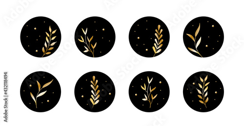 Vector highlight story cover icons for social media. Abstract black circle backgrounds with golden leaves for instagram