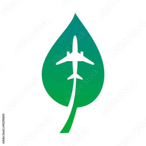 Airplane inside leaf. Ecological transport concept. Eco friendly traveling. Green leaf and aircraft icon. Environmental impact of aviation. Flying carbon footprint. Vector illustration, flat, clip art