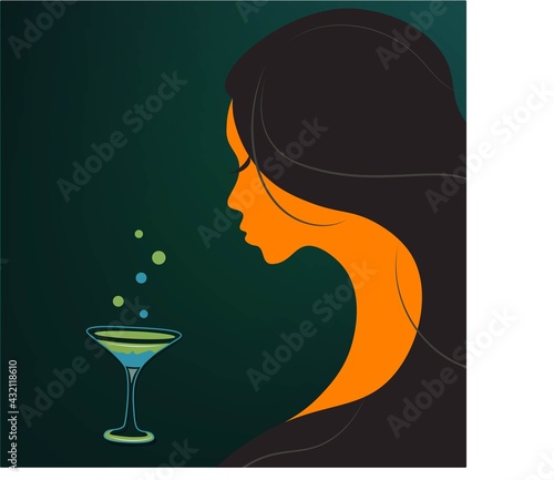 The girl is drinking wine. Young dark-skinned brunette with a glass of champagne. Template for the promotion of quality drinks and cultural drinking of alcohol. Vector design over dark background.