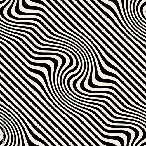 Vector seamless pattern. Abstract distorted striped texture with monochrome curved stripes. Creative wavy background. Decorative design with distortion effect. Can be used as swatch for illustrator. © Curly_Pat