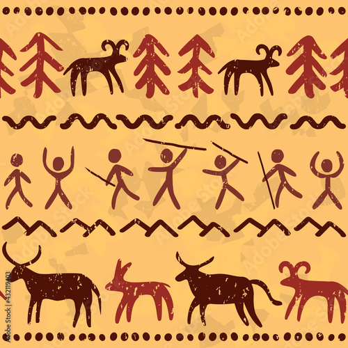 Prehostoric cave paintings art vector seamless pattern, primitive background inspired by stone drawings with  people and animals

