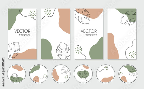 Vector organic stories templates and highlight cover icons for social media. Abstract backgrounds for instagram bloggers