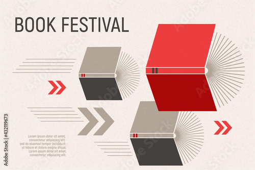 Banner for book festival. Open books flying with arrows. Vector minimalist background with textures. Design template for a library, education theme. Concept of striving for success. Grey and red color