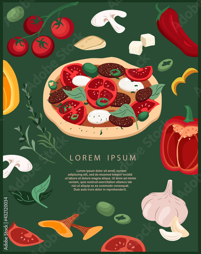 Design of vertical ad banner for pizzeria with salami,tomato pizza with olives ingredients on colored background.Promo template for Italian food restaurant or cafe.Vector illustration of advertisement