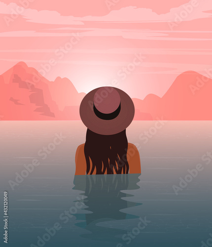 Digital illustration of a girl on summer vacation admiring the pink sunset swimming in the water