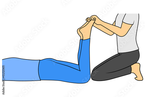 Massage. Yumeiho therapy. Instructions for performing massage techniques, stretching the muscles of the foot, crunching the fingers. Vector illustration for physical therapy guidelines, websites.