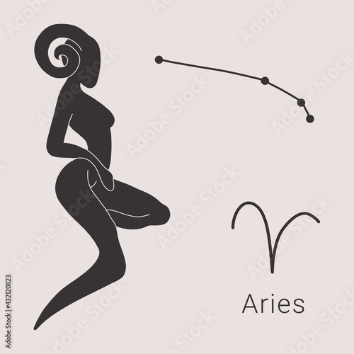 Hand drawn vector illustration of aries zodiac sign with aries constellation