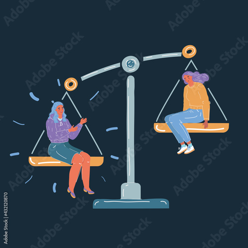 Vector illustration of Concept of importance of person. Two women sit at scale on dark background. Job, envious, jealousy, low self-esteem. omparing herself to others person on white background.