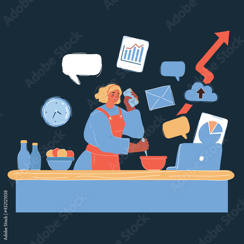 Vector illustration of woman working on many different jobs with different tools at the same time on dark background