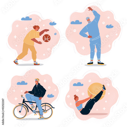Vector illustration of Collection of Sport people. Man and woman play basketball, doing exersice, ride bike.