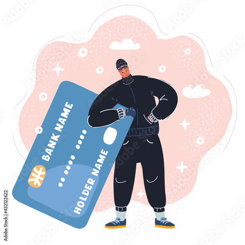 Vector illustration of Burglar Wearing Mask Holding Credit card