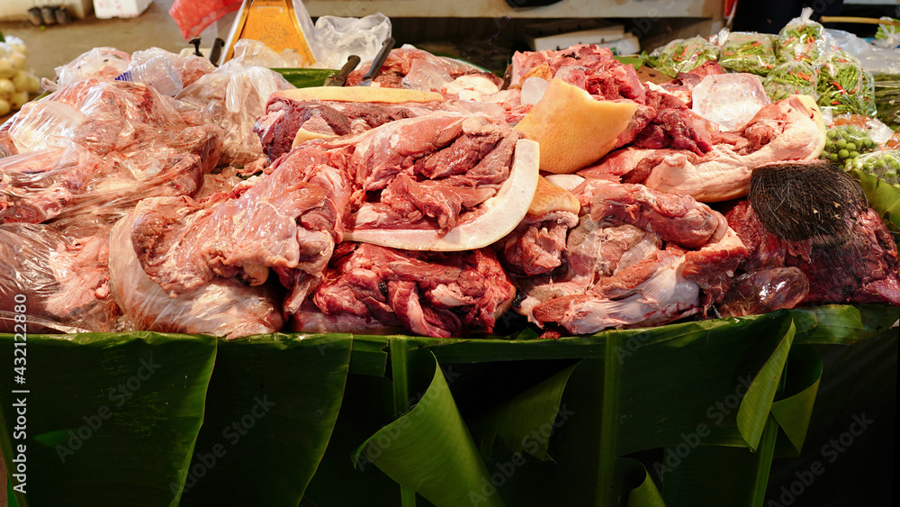 Wild boar meat in Thai rural market.