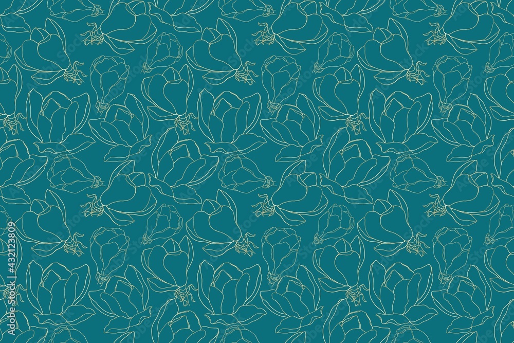 Beautiful seamless pattern of golden magnolia flowers on a dark green background