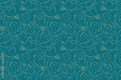 Beautiful seamless pattern of golden magnolia flowers on a dark green background
