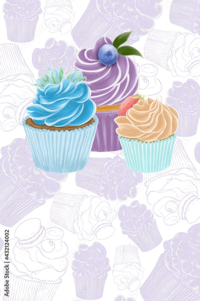 Illustration of 3 cupcakes on a patterned purple background-advertising for a pastry shop Illustration of 3 cupcakes on a patterned purple background-advertising for a pastry shop