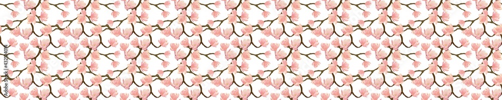 Long seamless pattern with magnolia flowers and branches on a white background