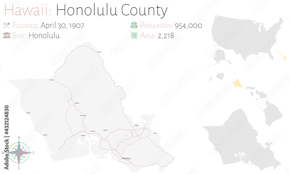 Large and detailed map of Honolulu county in Hawaii, USA.