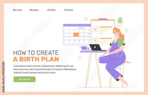 Pregnancy planning. Landing page concept. Pregnant mom-to-be at the laptop. To-do list, calendar. Vector flat illustration.