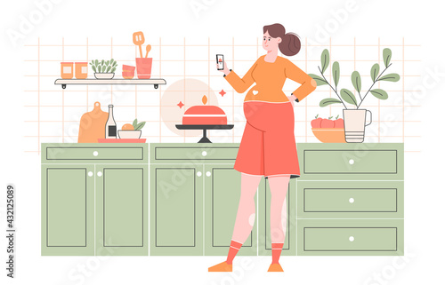 Pregnant mommy blogger. A woman is standing in the kitchen and filming a food video blog. Cake cooking. Vector flat illustration.