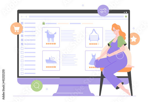 Pregnant mom-to-be and a giant monitor. Buying and selling goods online. Children's things, toys. Fast and secure online transactions. Website for sellers and buyers. New life of old things. Vector.