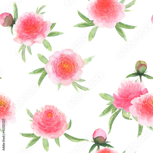Watercolor pink peonies flowers. Beautiful floral seamless pattern.