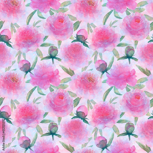 Watercolor pink peonies flo...