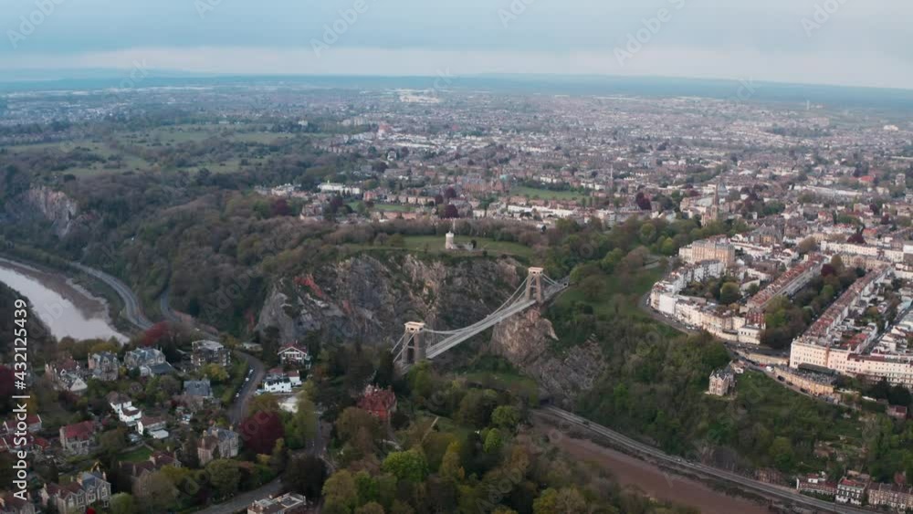 Circling rising drone shot of the Clifton suspension bridge and Bristol Circling rising drone shot of the Clifton suspension bridge and Bristol