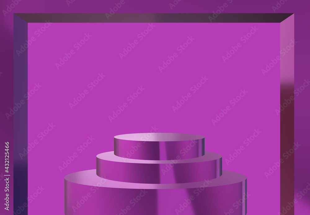 Violet product display or showcase pedestal on a plain background with cylinder stairs stand and Frame border concept. Violet studio with Step Stage podium or platform for the product. 3d rendering. Violet product display or showcase pedestal on a plain background with cylinder stairs stand and Frame border concept. Violet studio with Step Stage podium or platform for the product. 3d rendering.