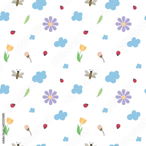 Vector seamless children's pattern of bees, ladybugs, spring flowers and clouds on a transparent background