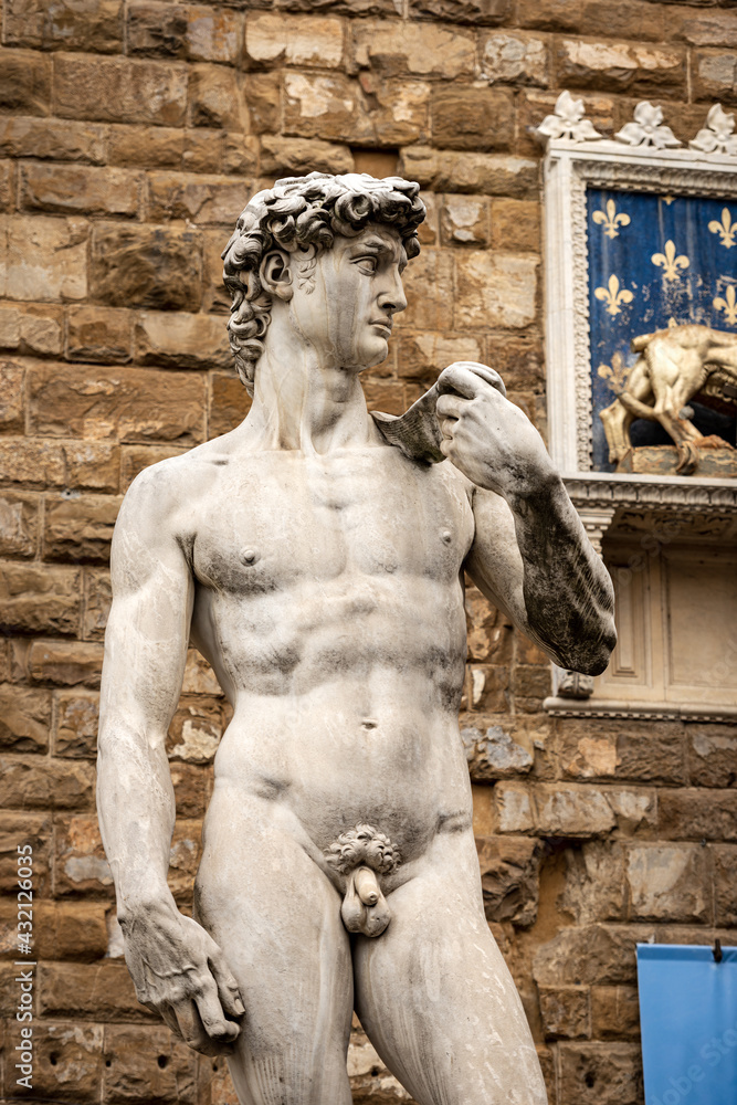 Naklejka premium Close-up of Statue of the David by Michelangelo Buonarroti, masterpiece of Renaissance sculpture in Piazza della Signoria, Florence downtown, Tuscany, Italy, Europe