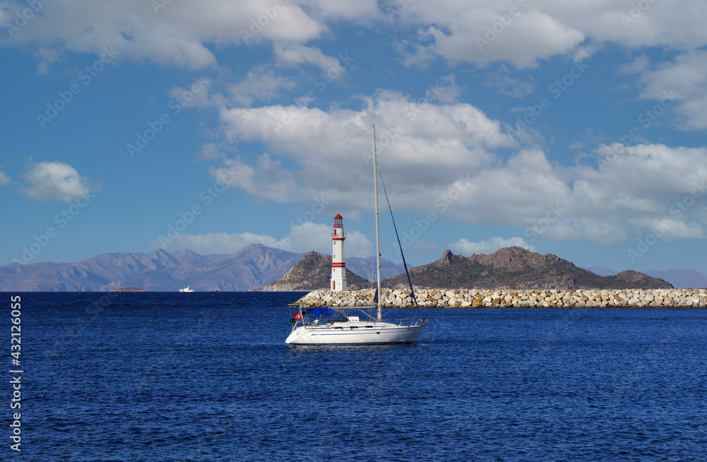 Panoramic view of a lighthouse at the coast of Turgutreis, Bodrum, Turkey. Panoramic view of a lighthouse at the coast of Turgutreis, Bodrum, Turkey.