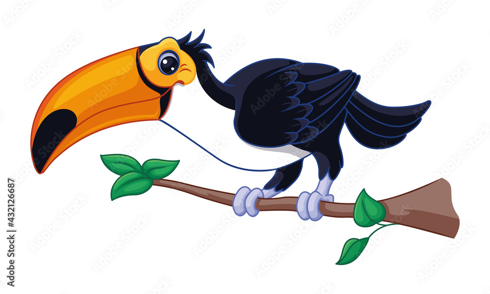 Fototapeta premium Cartoon toucan on branch vector illustration, tropical bird
