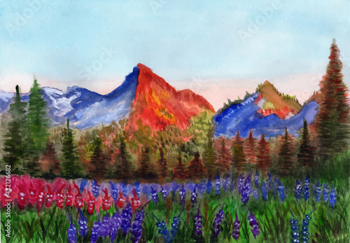 watercolor landscape blue snowy mountains, fir forest and field of flowers