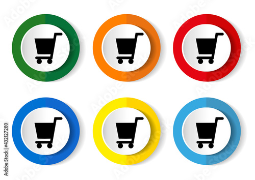 Cart icon set  colorful flat design vector illustrations in 6 options for web design and mobile applications