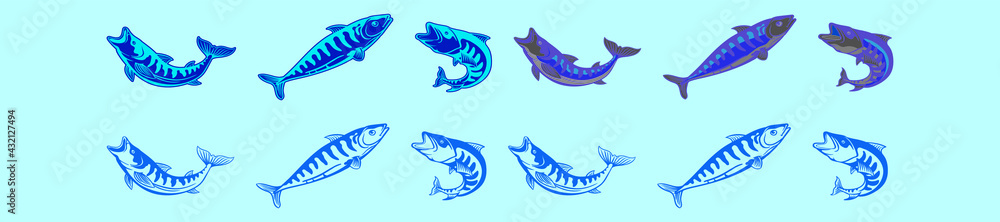 set of mackerel fish cartoon icon design template with various models. vector illustration isolated on blue background set of mackerel fish cartoon icon design template with various models. vector illustration isolated on blue background