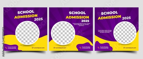 Set of School admission social media post design. Modern promotional banner design with purple and yellow background color and place for the photo.