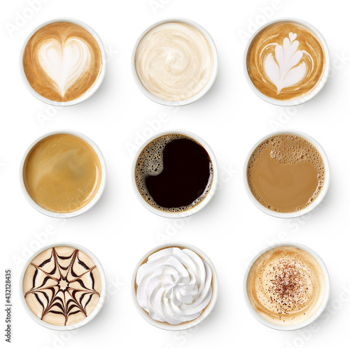 Set of different coffee types in take away paper cups