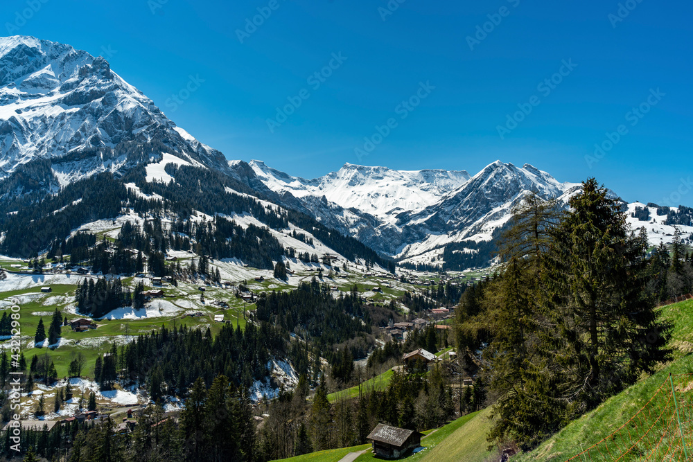 Frühling im Berner Oberland, Adelboden mit Grosser Lohner, Steghorn und Wildstrubel, frisch verschneit, snow from yesterday in spring on the Swiss mountains, illuminated peaks