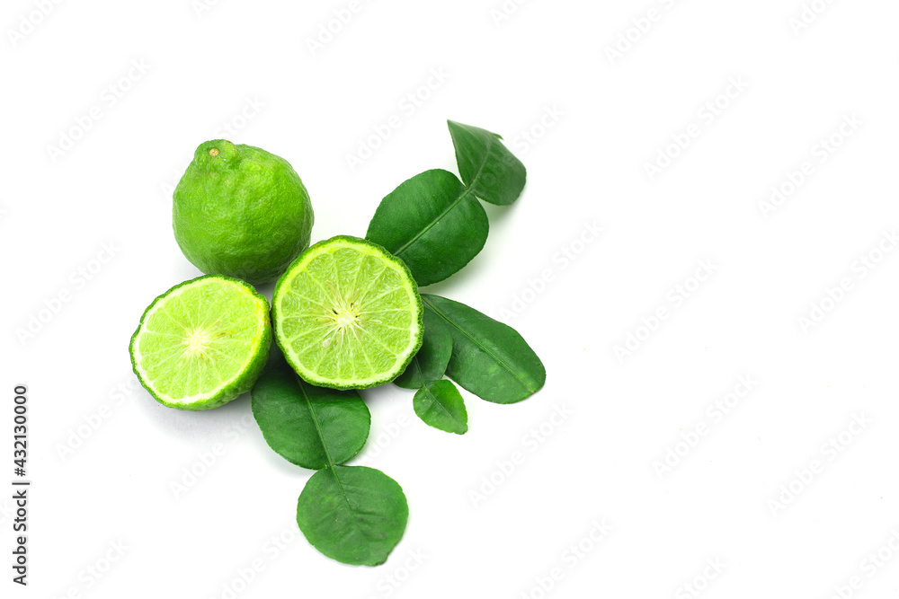 Fresh bergamot fruit with leaf isolated on white background.
