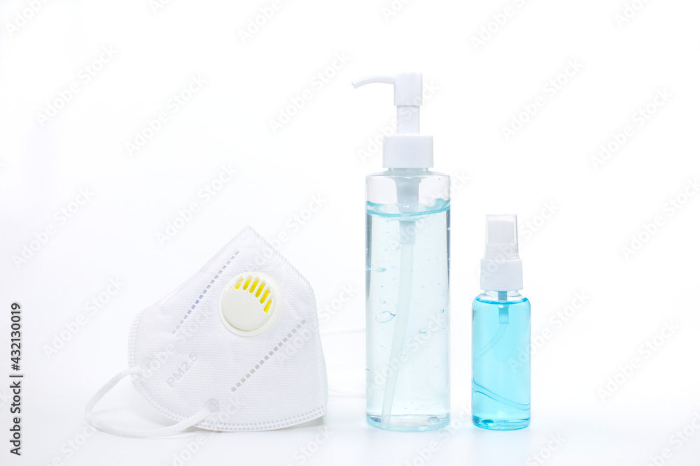 Alcohol gel, spray alcohol and medical face mask on white background which they are a respiratory Alcohol gel, spray alcohol and medical face mask on white background which they are a respiratory