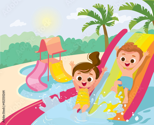Vector. Children ride water slide with splash in the water park. Laughing kids have fun sliding in amusement park. Joyful kids rsummertime elaxation. Exhilarating rides.