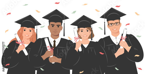 Group of happy graduates wearing an academic gown or robe and a graduation cap and holding a diploma. Girls and boys celebrate their university or college graduation. Flat vector illustration